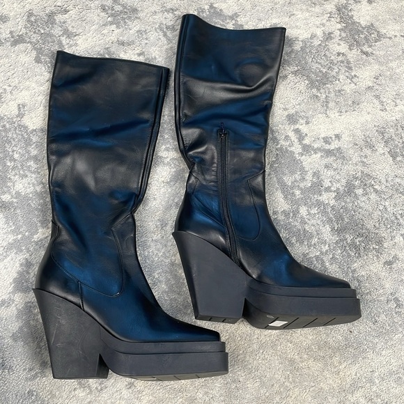 New Giaborghini Texan Knee High Western Boot Leather Stacked Platform Black 39 - Picture 4 of 16